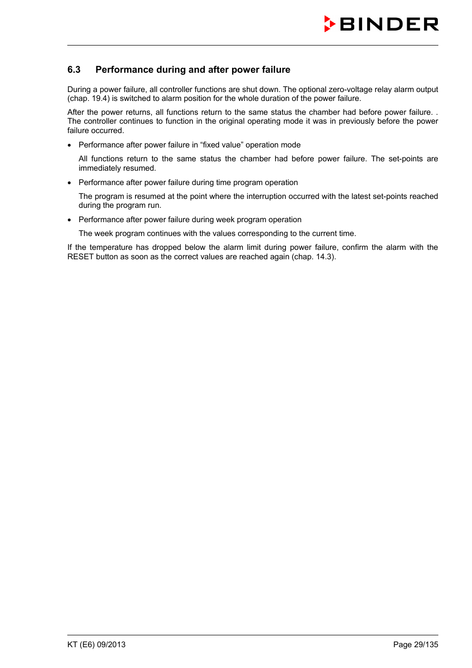 3 performance during and after power failure | BINDER KT 53 User Manual | Page 29 / 135