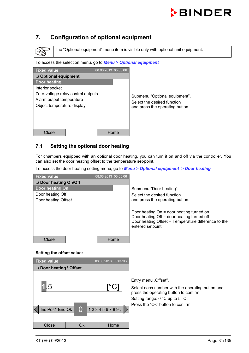 Configuration of optional equipment, 1 setting the optional door heating, 5 [°c | BINDER KT 53 User Manual | Page 31 / 135