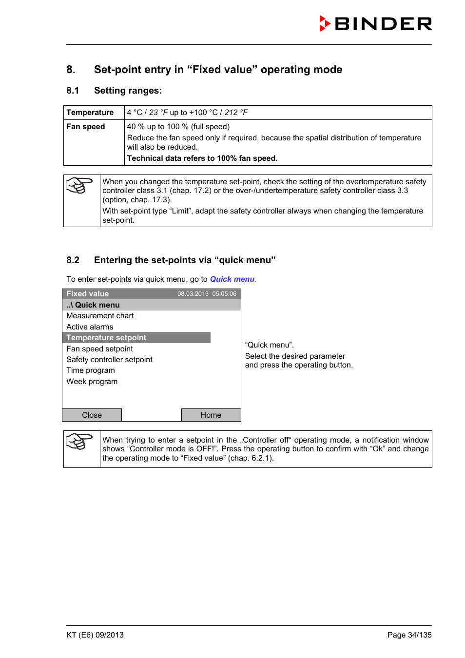 Set-point entry in “fixed value” operating mode, 1 setting ranges, 2 entering the set-points via “quick menu | BINDER KT 53 User Manual | Page 34 / 135