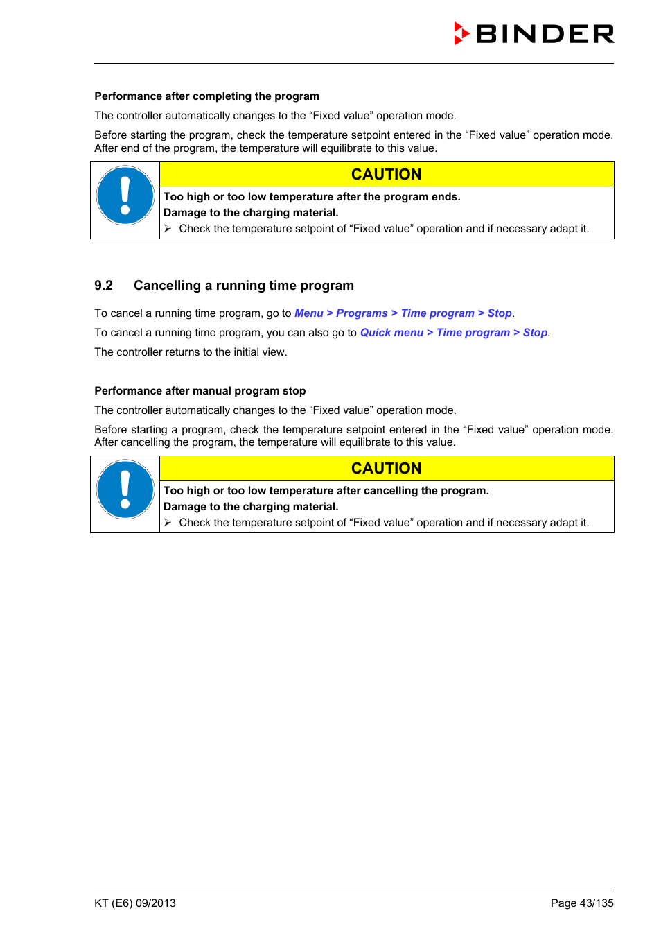 2 cancelling a running time program, Caution | BINDER KT 53 User Manual | Page 43 / 135