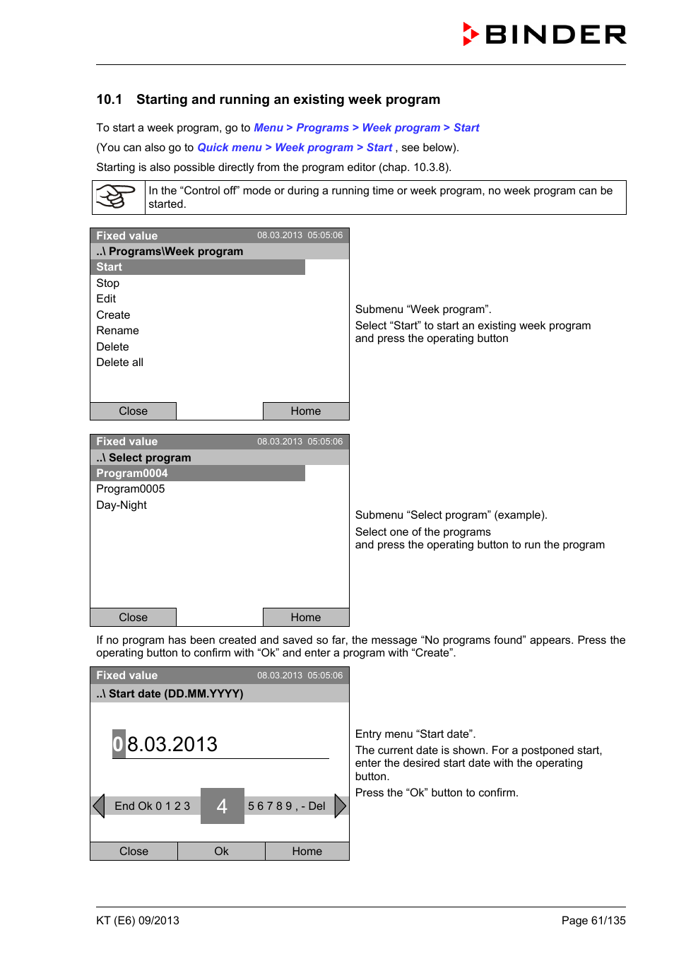 1 starting and running an existing week program | BINDER KT 53 User Manual | Page 61 / 135