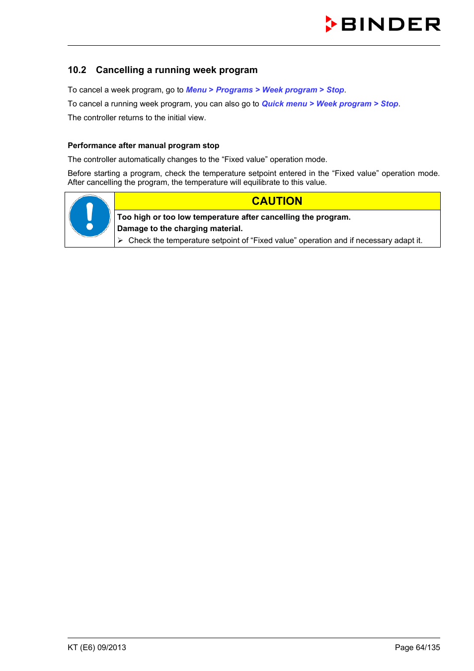 2 cancelling a running week program, Caution | BINDER KT 53 User Manual | Page 64 / 135