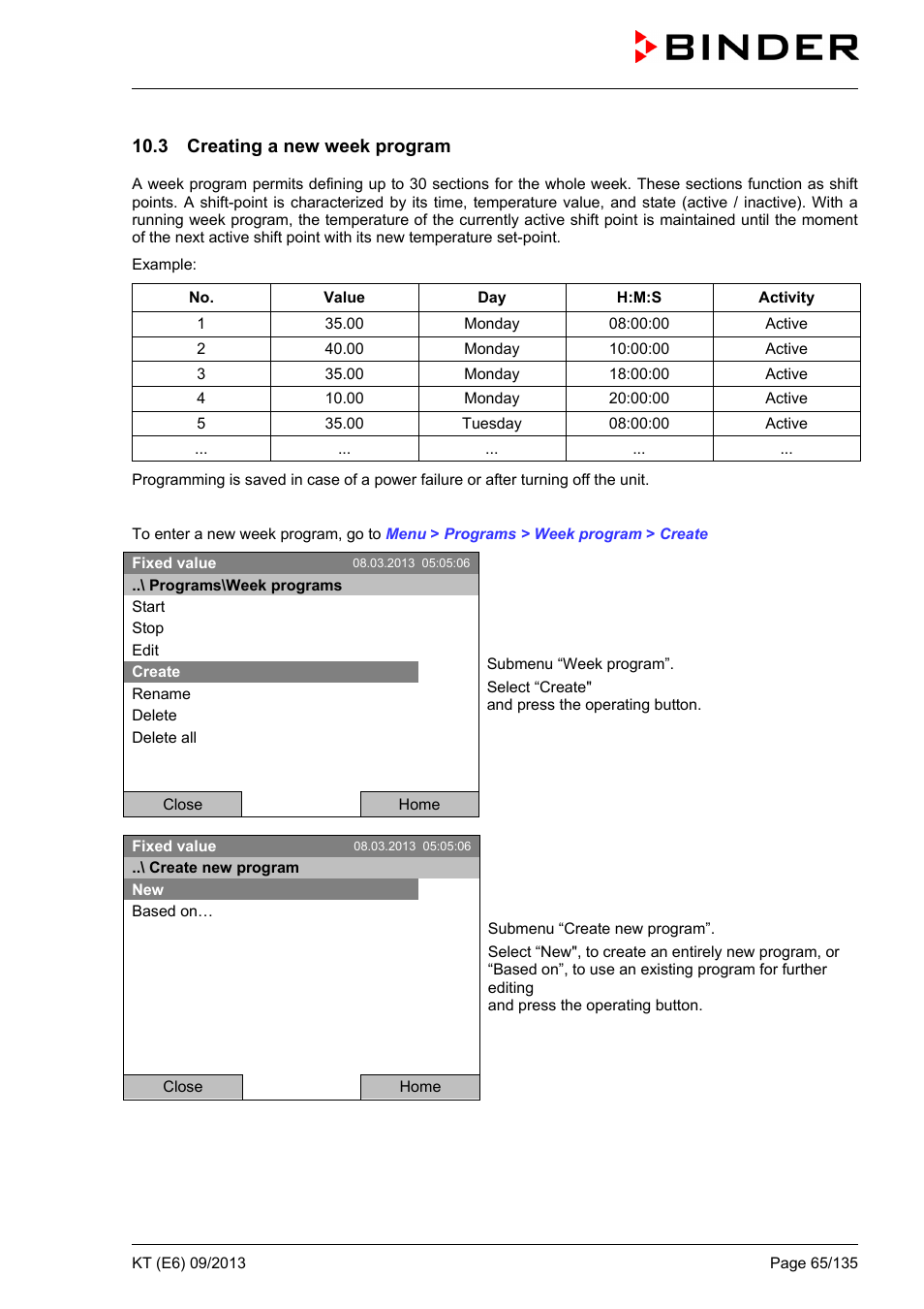 3 creating a new week program | BINDER KT 53 User Manual | Page 65 / 135