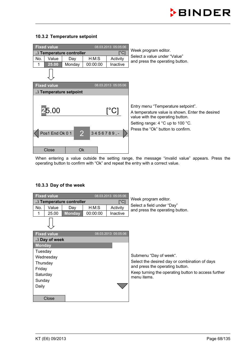 2 temperature setpoint, 3 day of the week, 00 [°c | BINDER KT 53 User Manual | Page 68 / 135