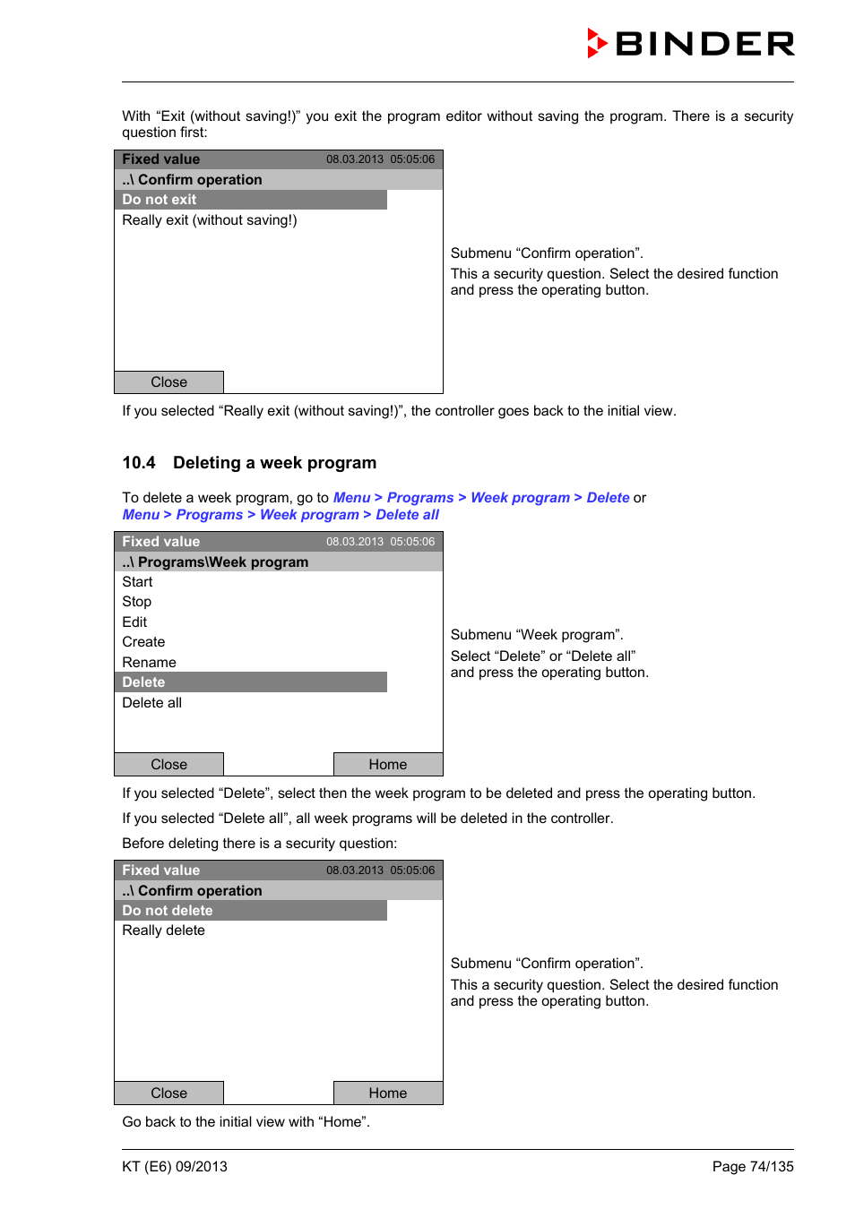 4 deleting a week program | BINDER KT 53 User Manual | Page 74 / 135