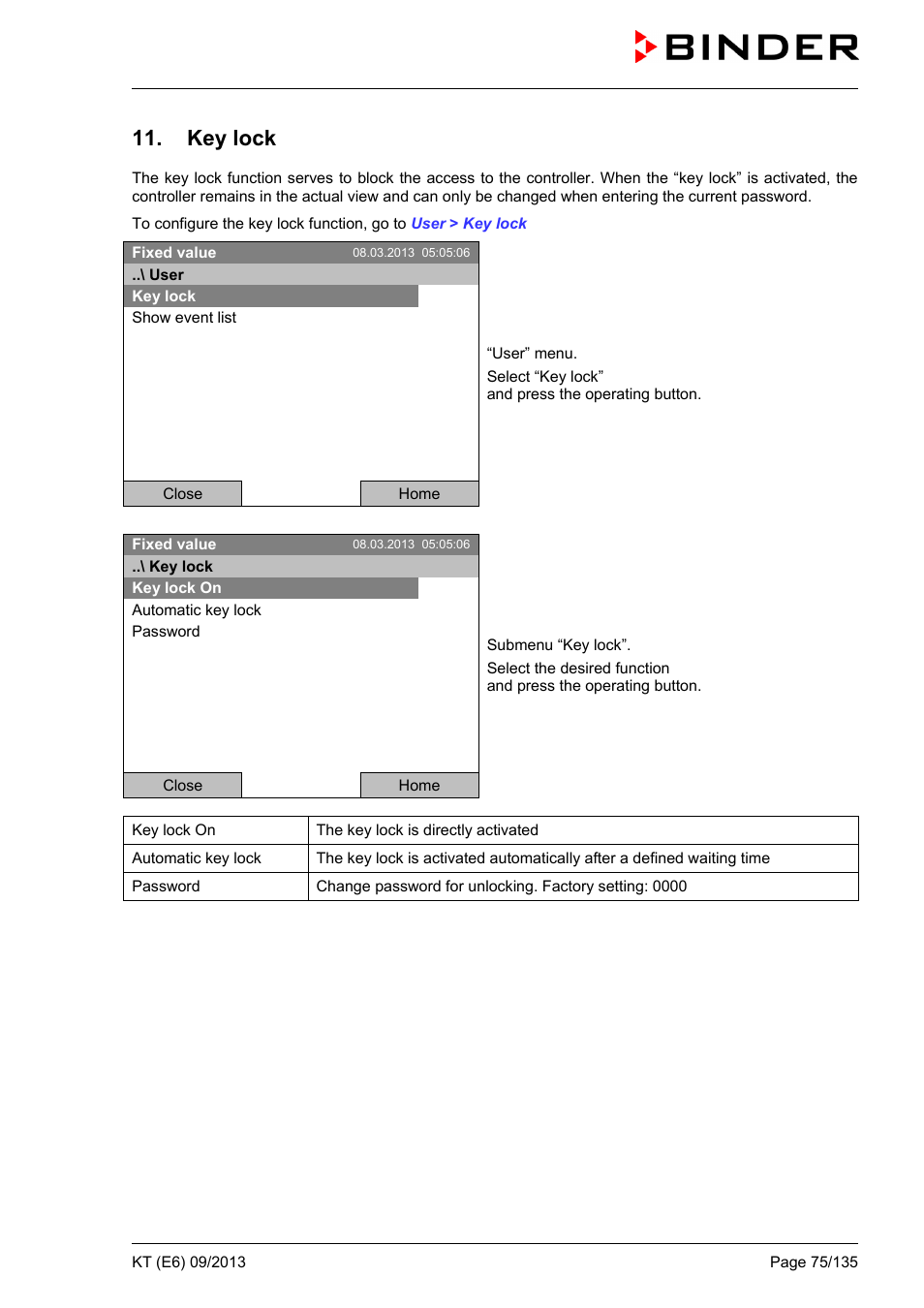 Key lock | BINDER KT 53 User Manual | Page 75 / 135
