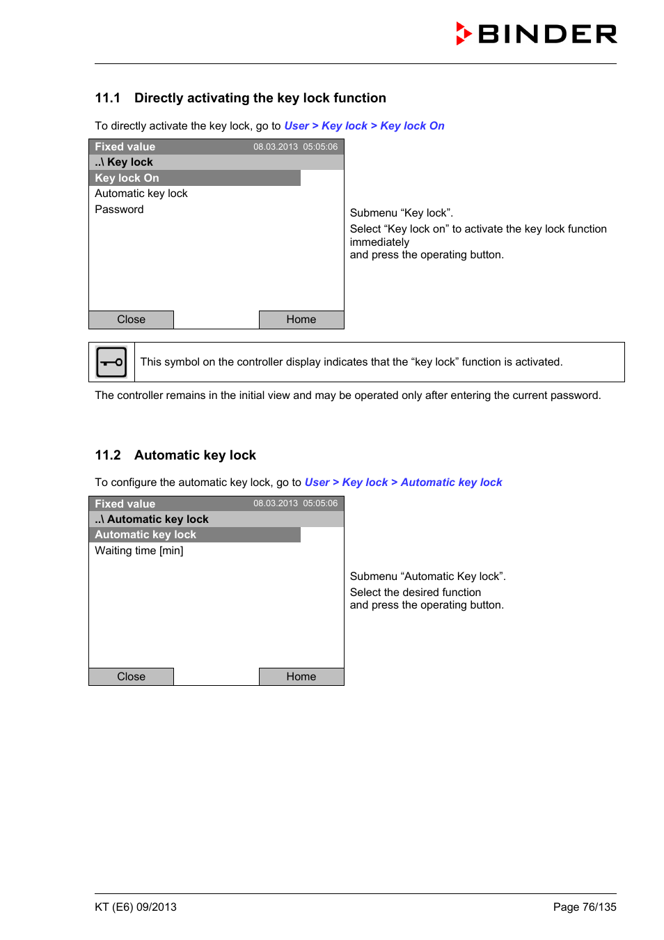 1 directly activating the key lock function, 2 automatic key lock | BINDER KT 53 User Manual | Page 76 / 135