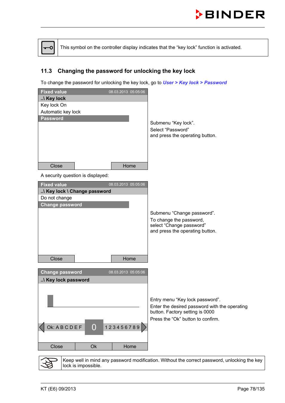 3 changing the password for unlocking the key lock | BINDER KT 53 User Manual | Page 78 / 135