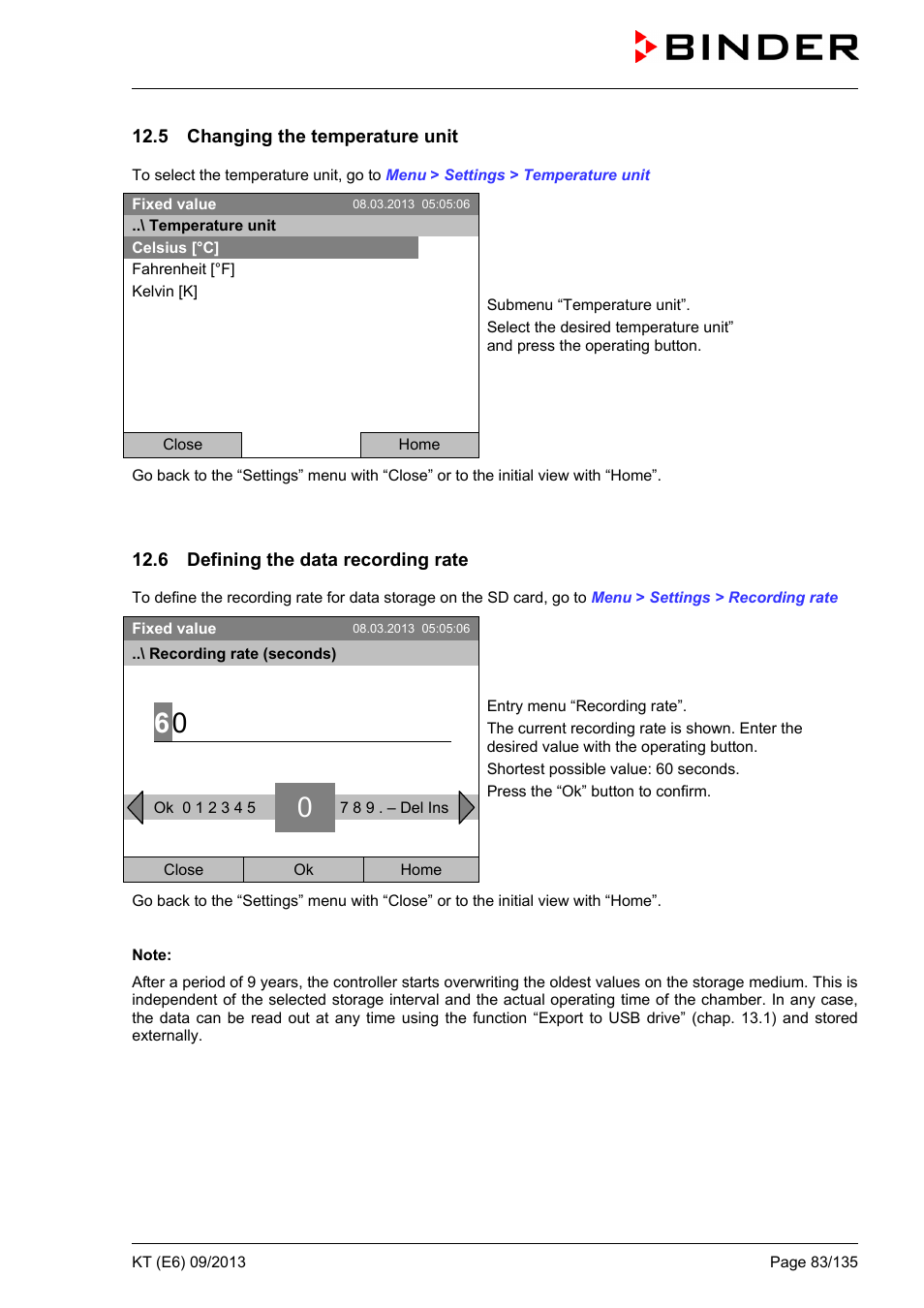 5 changing the temperature unit, 6 defining the data recording rate | BINDER KT 53 User Manual | Page 83 / 135