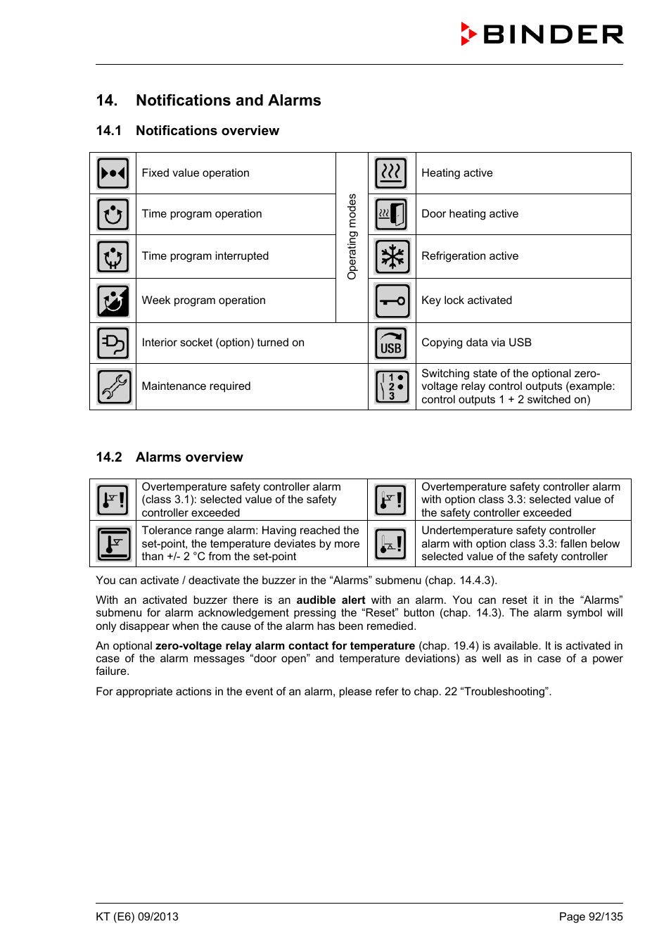 Notifications and alarms, 1 notifications overview, 2 alarms overview | BINDER KT 53 User Manual | Page 92 / 135