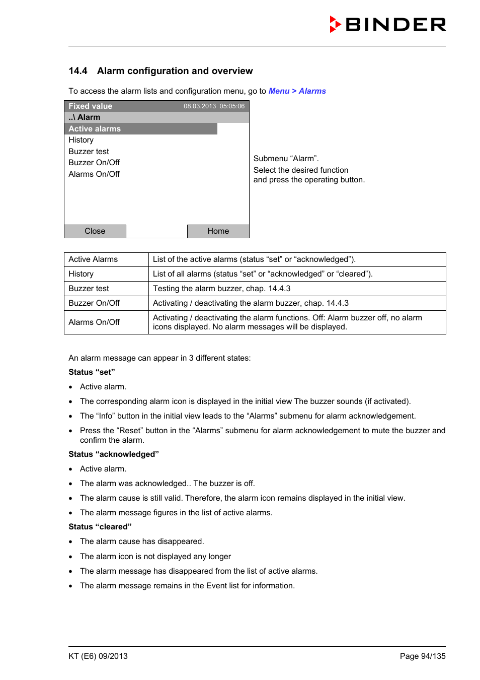 4 alarm configuration and overview | BINDER KT 53 User Manual | Page 94 / 135