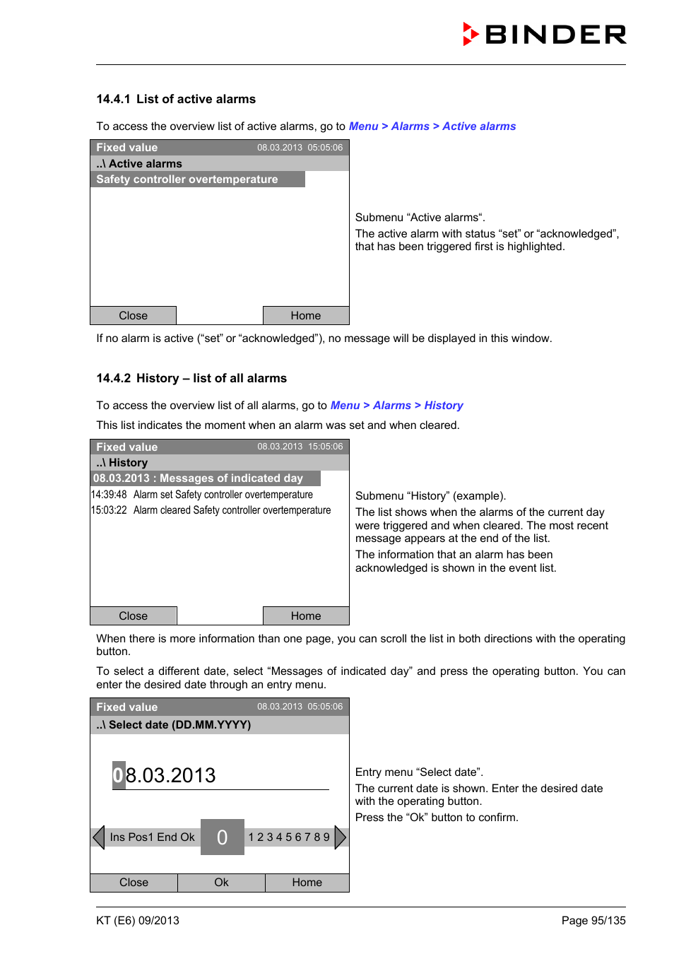 1 list of active alarms, 2 history – list of all alarms | BINDER KT 53 User Manual | Page 95 / 135