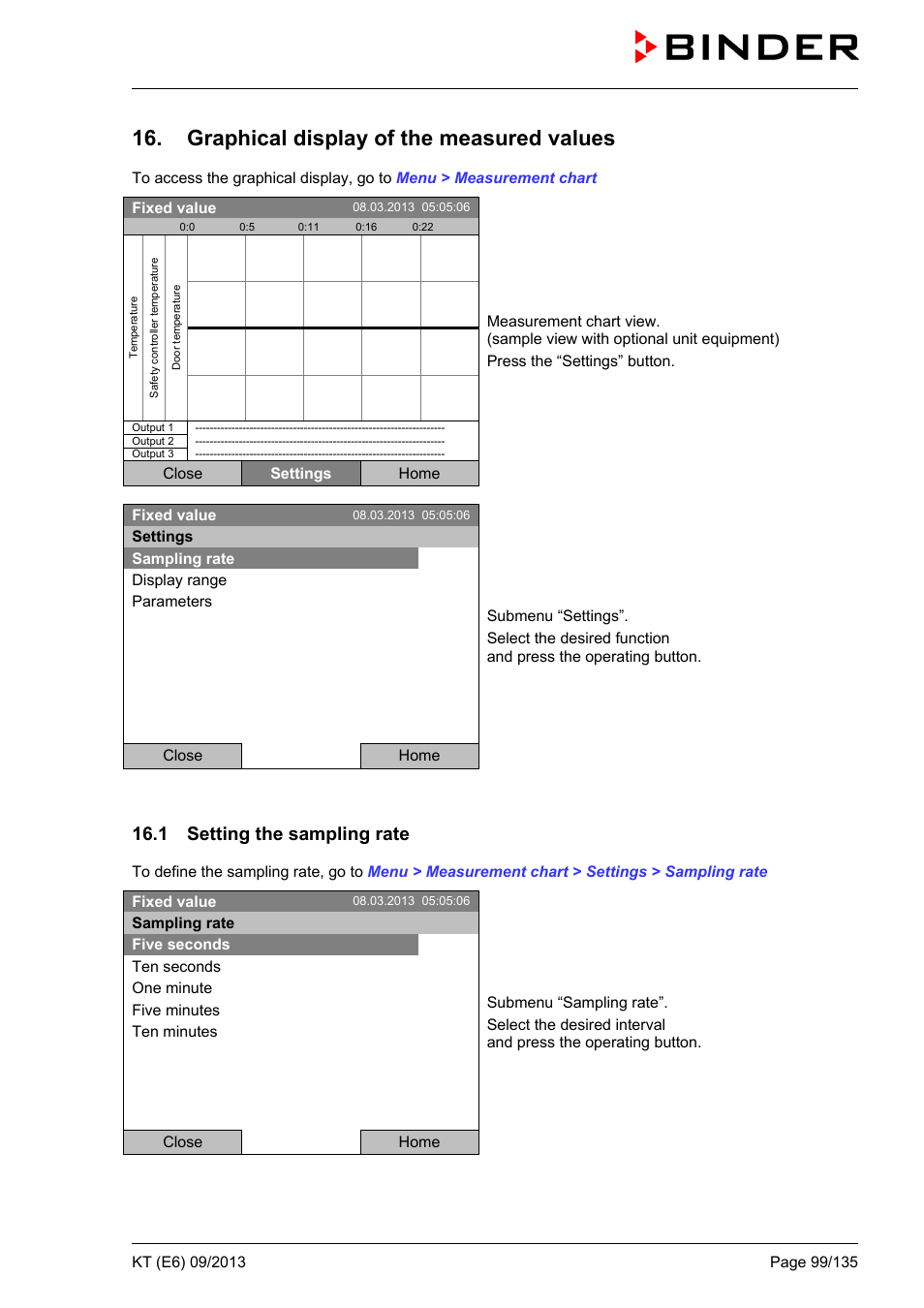 Graphical display of the measured values, 1 setting the sampling rate | BINDER KT 53 User Manual | Page 99 / 135