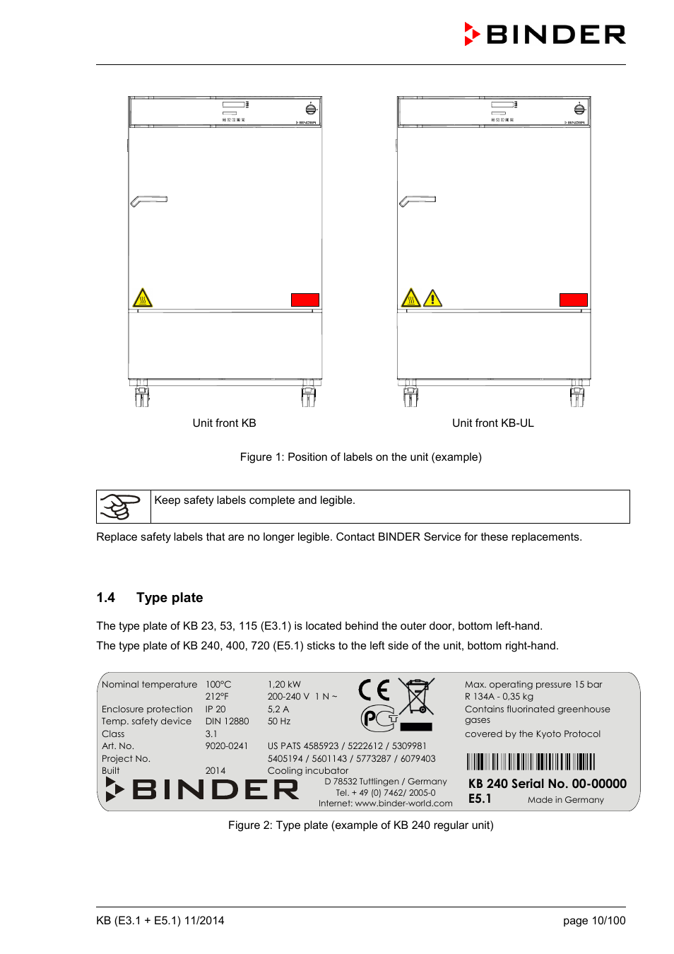 4 type plate | BINDER KB 23 User Manual | Page 10 / 101