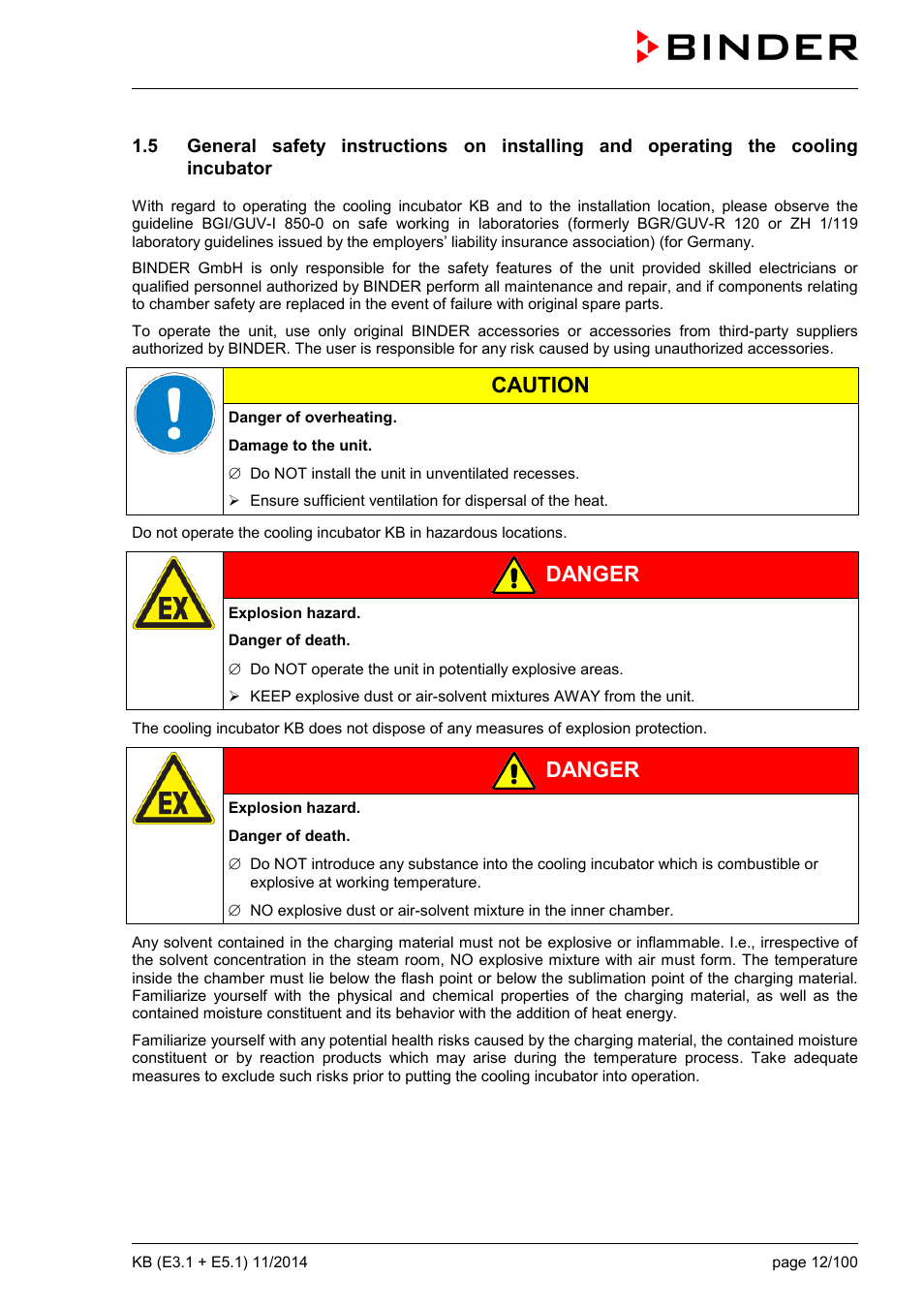 Caution, Danger | BINDER KB 23 User Manual | Page 12 / 101