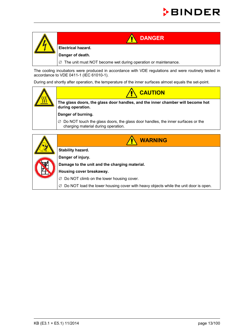 Danger, Caution, Warning | BINDER KB 23 User Manual | Page 13 / 101