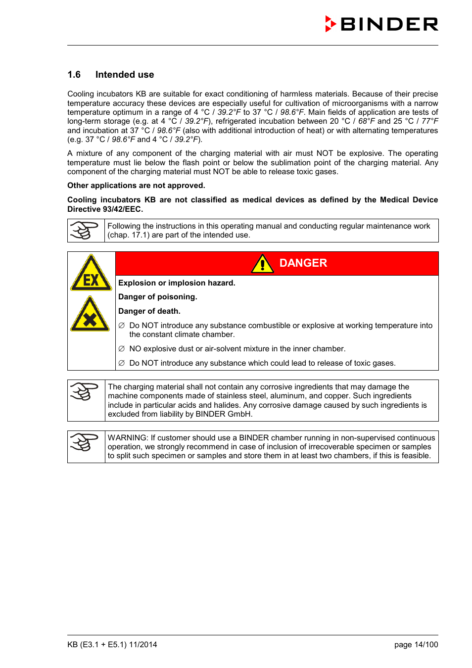 6 intended use, Danger | BINDER KB 23 User Manual | Page 14 / 101