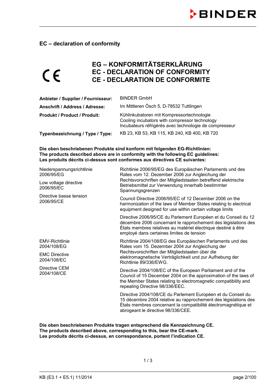 Ec – declaration of conformity | BINDER KB 23 User Manual | Page 2 / 101