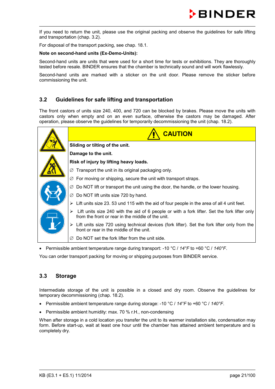 2 guidelines for safe lifting and transportation, 3 storage, Ole_link8 | Caution | BINDER KB 23 User Manual | Page 21 / 101