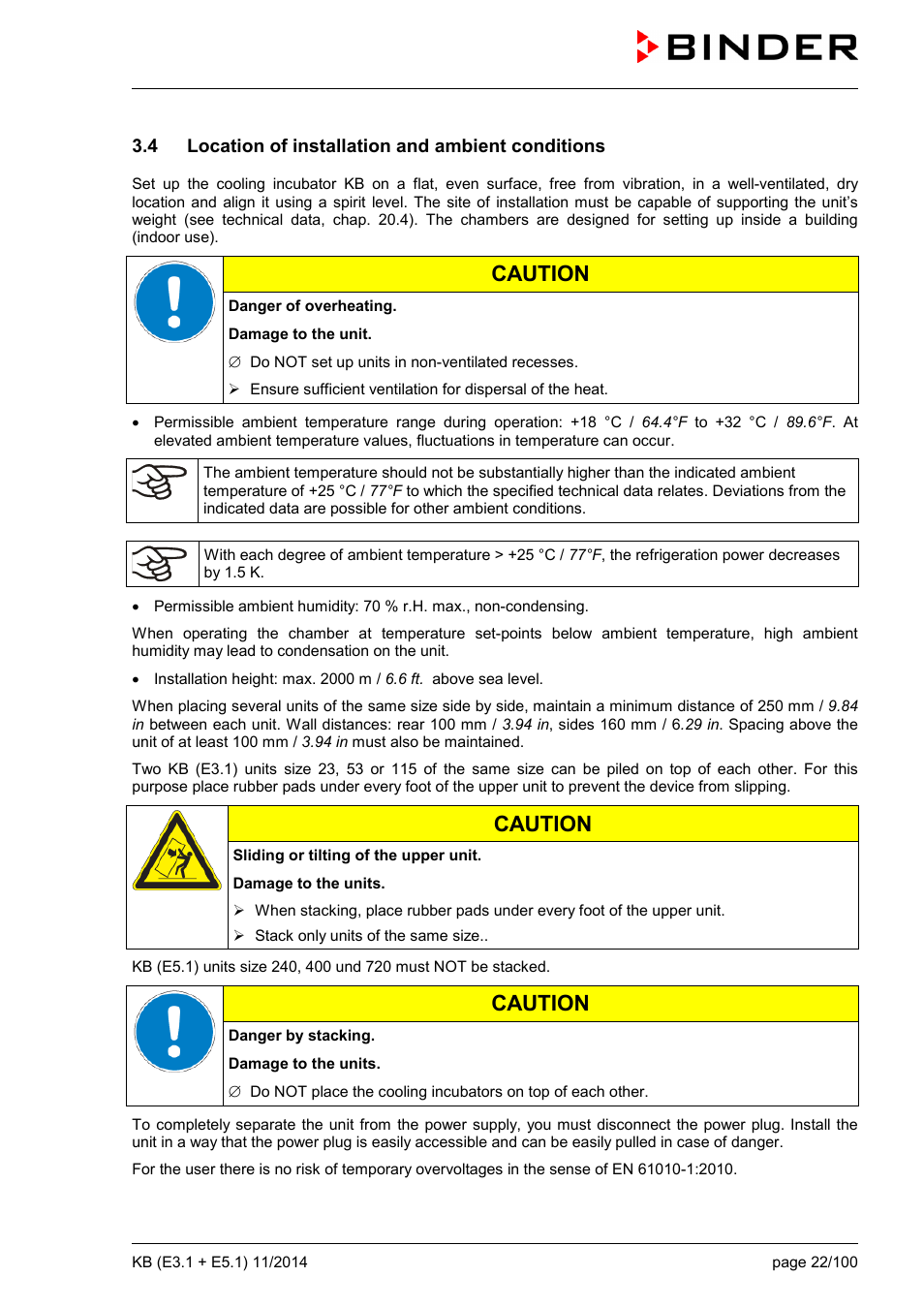 4 location of installation and ambient conditions, Caution | BINDER KB 23 User Manual | Page 22 / 101