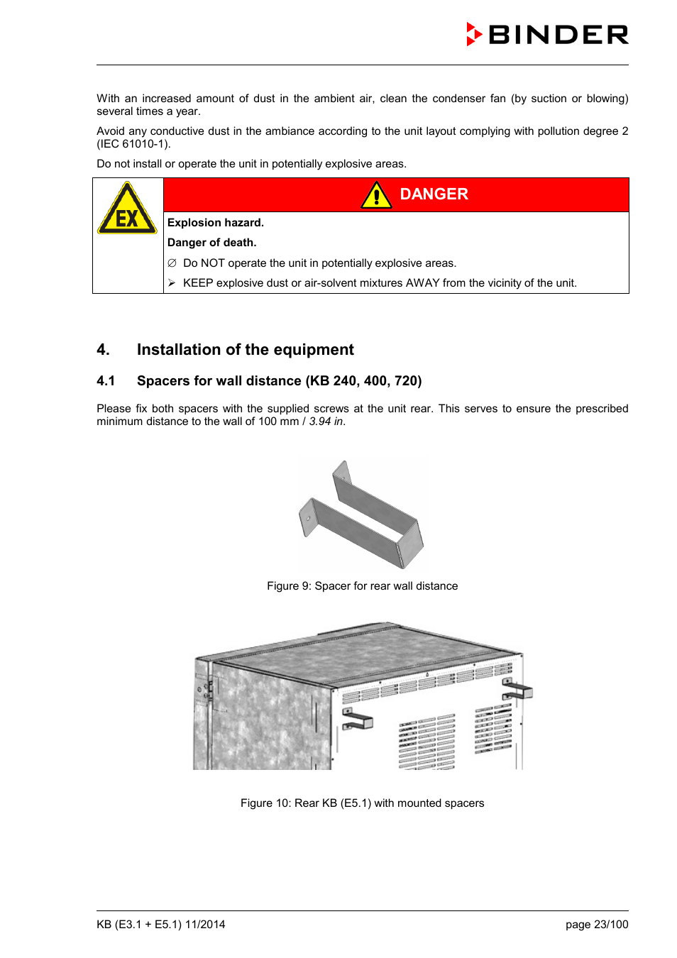 Installation of the equipment, 1 spacers for wall distance (kb 240, 400, 720), Danger | BINDER KB 23 User Manual | Page 23 / 101