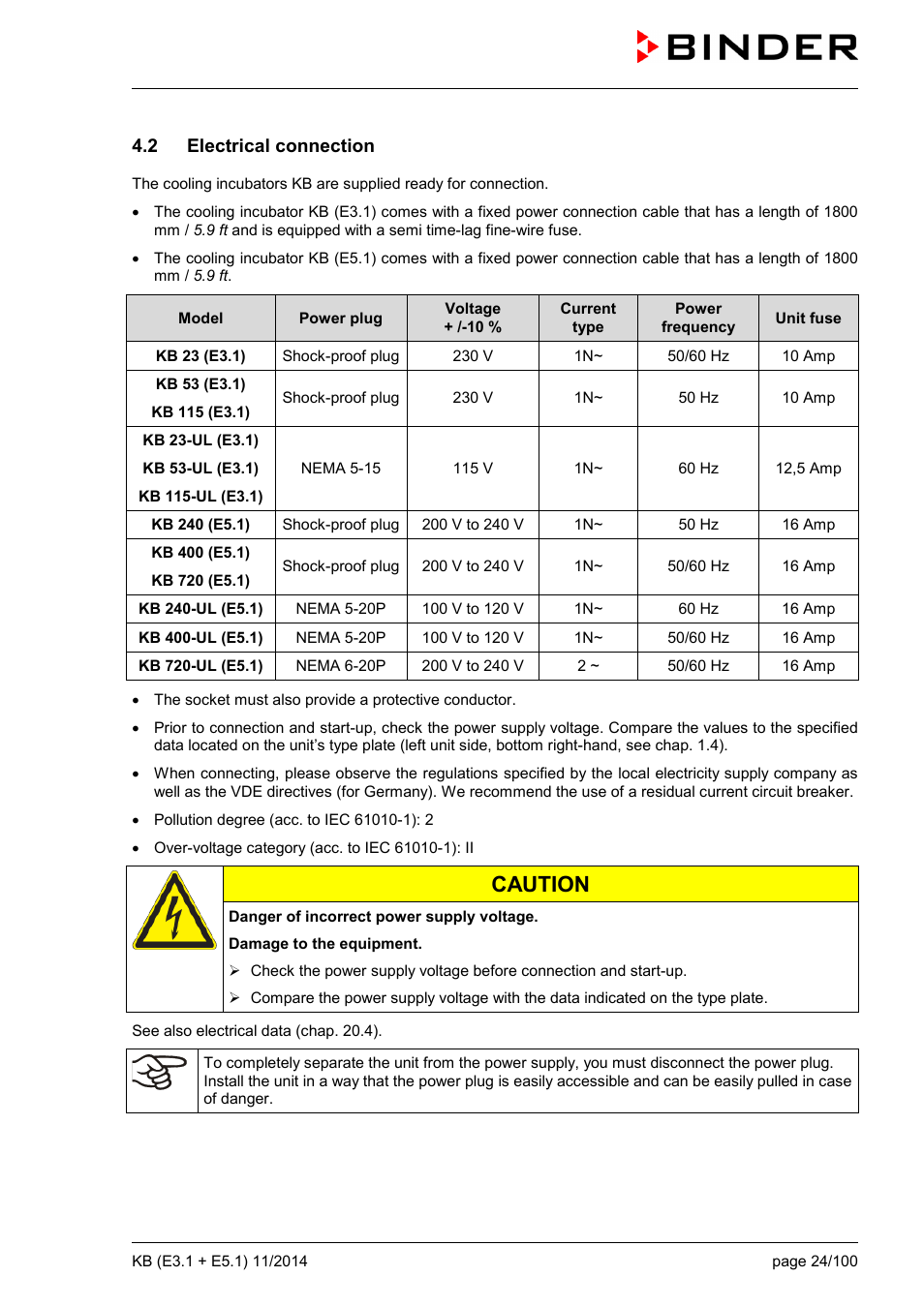 2 electrical connection, Caution | BINDER KB 23 User Manual | Page 24 / 101