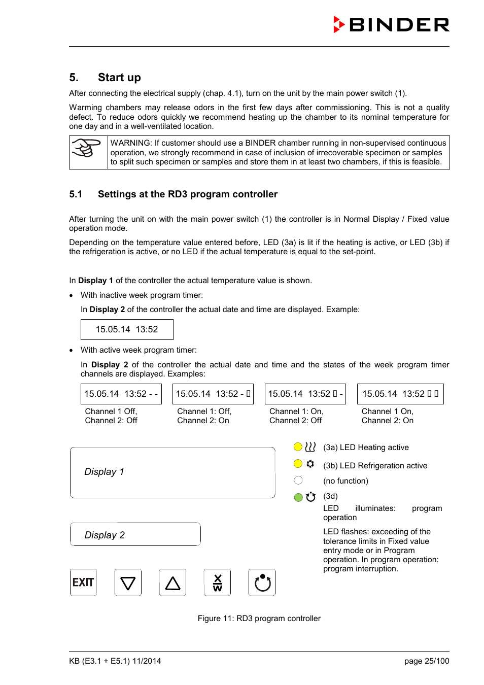 Start up, 1 settings at the rd3 program controller, Display 1 display 2 | BINDER KB 23 User Manual | Page 25 / 101