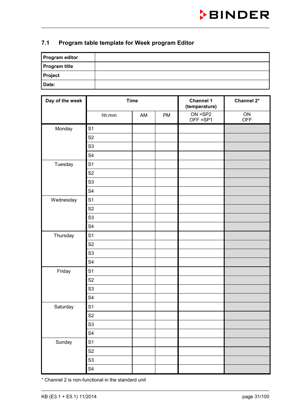 1 program table template for week program editor | BINDER KB 23 User Manual | Page 31 / 101