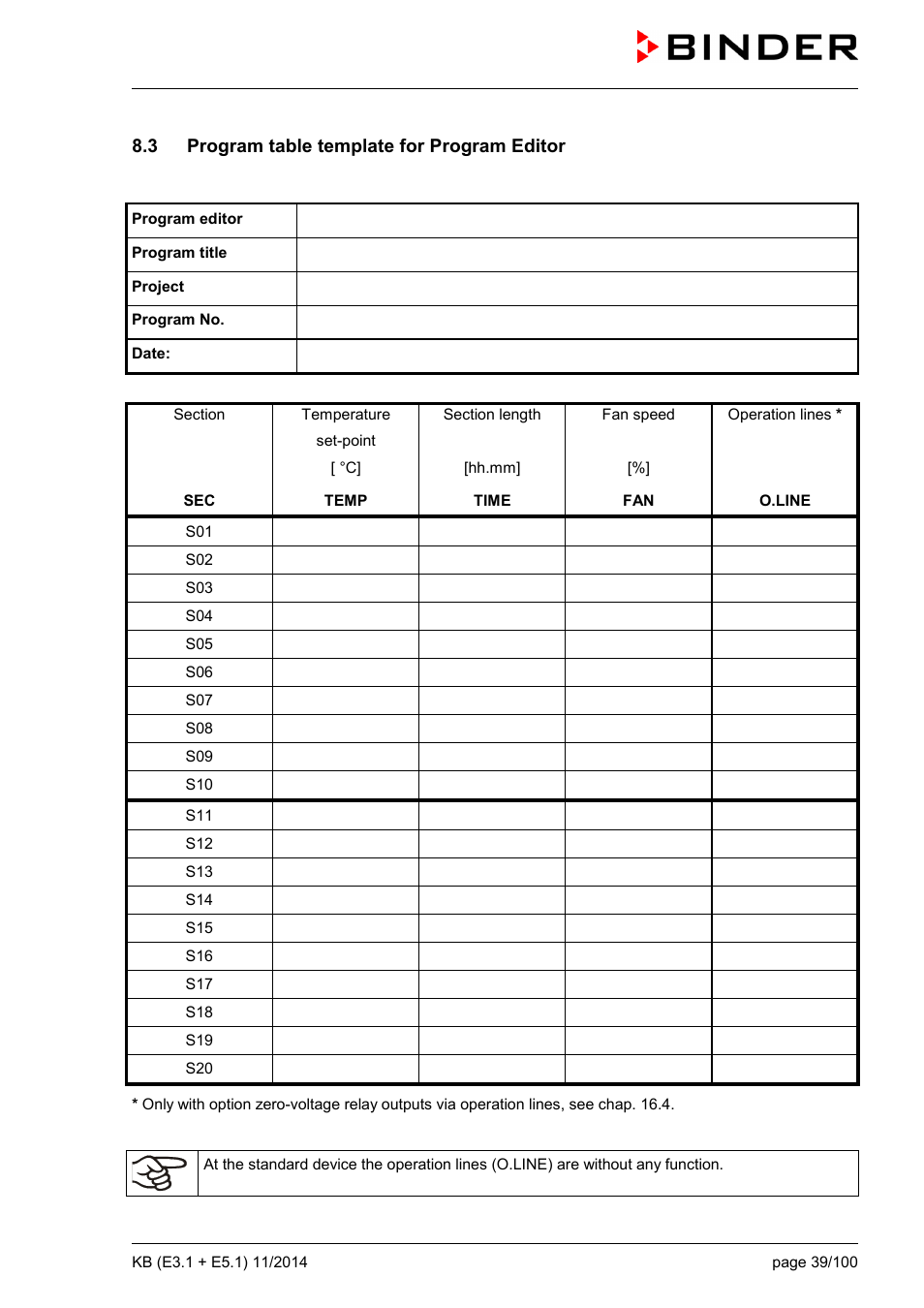 3 program table template for program editor | BINDER KB 23 User Manual | Page 39 / 101