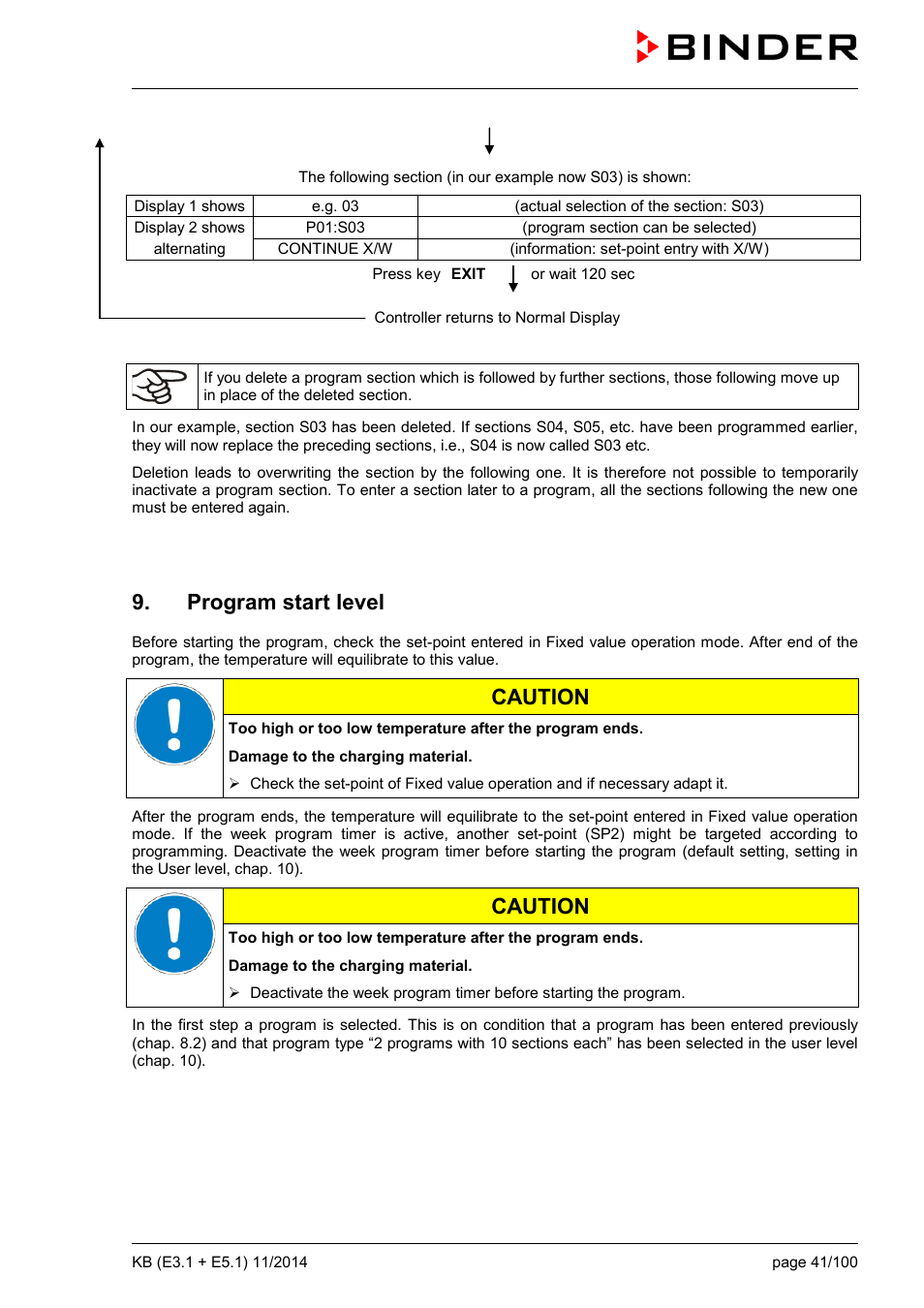 Program start level, Caution | BINDER KB 23 User Manual | Page 41 / 101