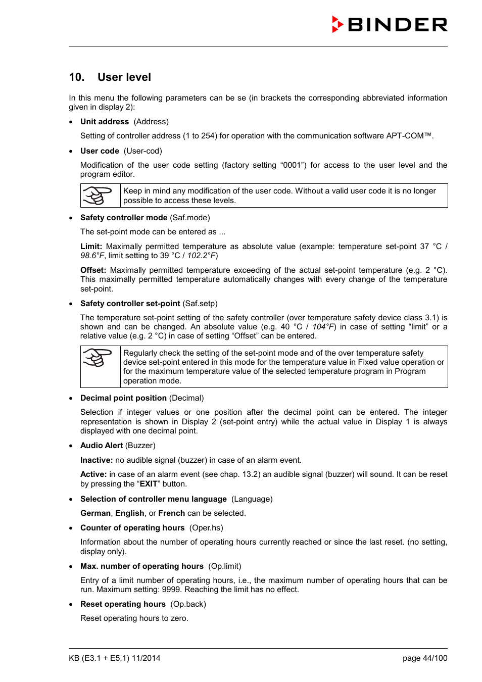 User level | BINDER KB 23 User Manual | Page 44 / 101