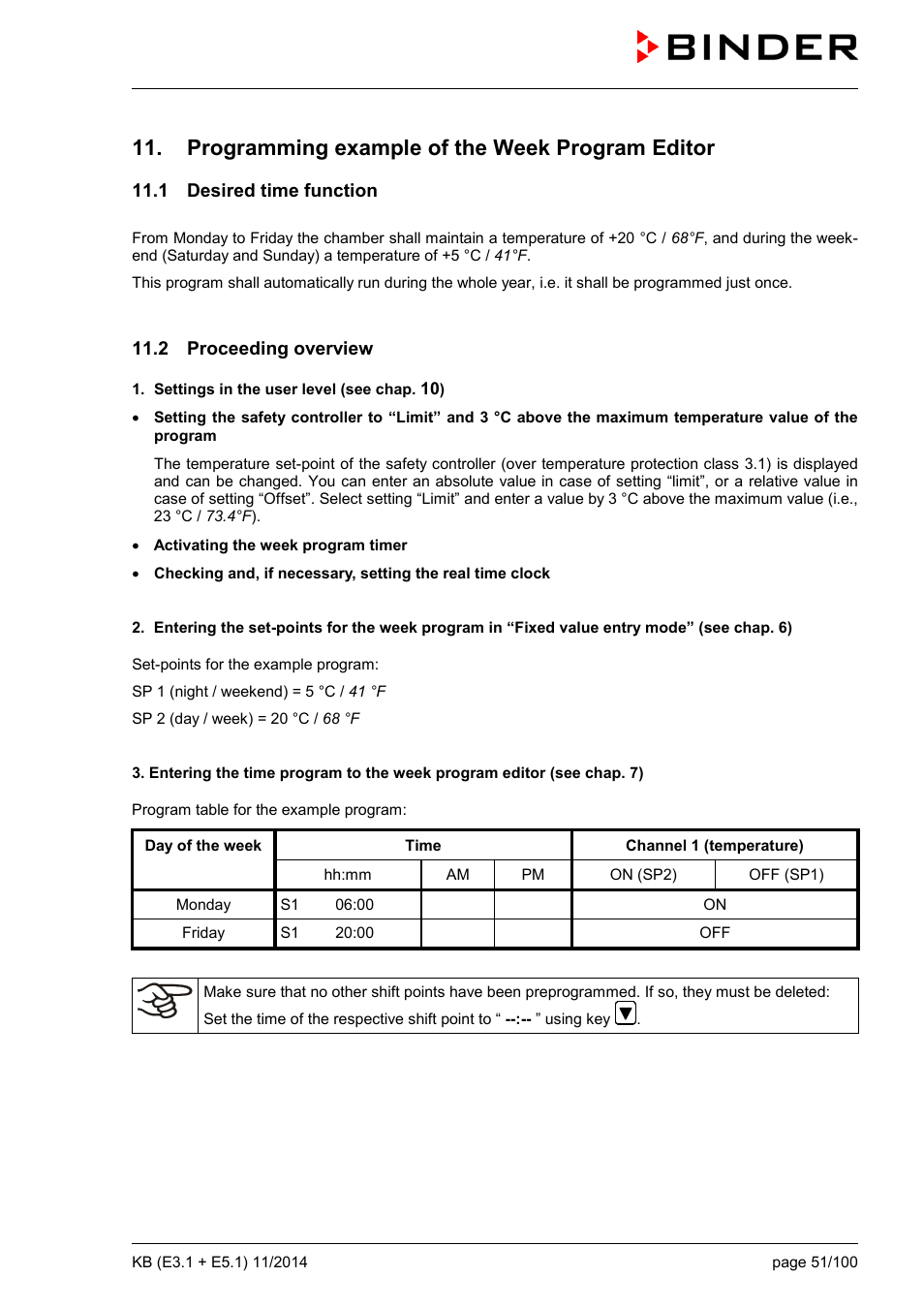 Programming example of the week program editor, 1 desired time function, 2 proceeding overview | BINDER KB 23 User Manual | Page 51 / 101