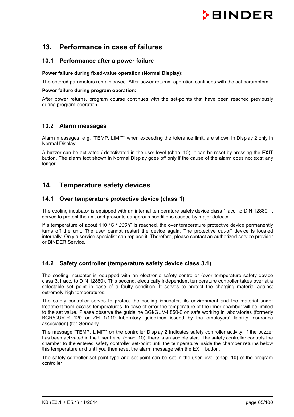 Performance in case of failures, 1 performance after a power failure, 2 alarm messages | Temperature safety devices, 1 over temperature protective device (class 1) | BINDER KB 23 User Manual | Page 65 / 101