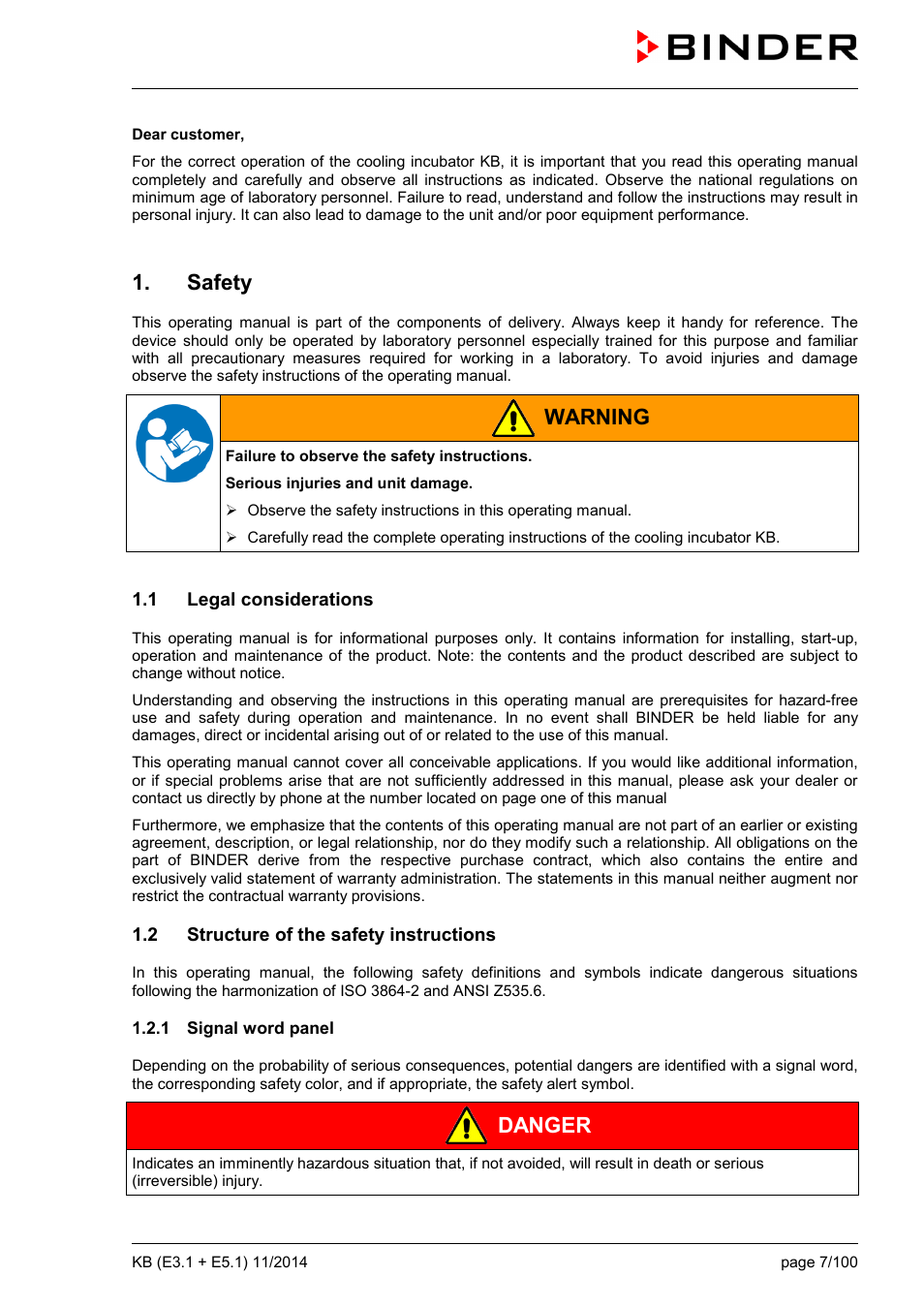 Safety, 1 legal considerations, 2 structure of the safety instructions | 1 signal word panel, Ole_link5, Ole_link6, Warning, Danger | BINDER KB 23 User Manual | Page 7 / 101