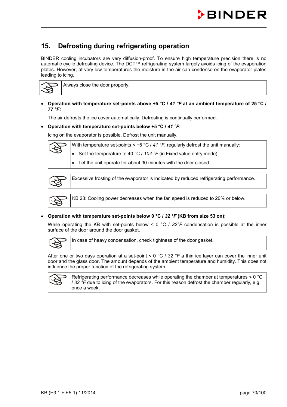 Defrosting during refrigerating operation | BINDER KB 23 User Manual | Page 70 / 101