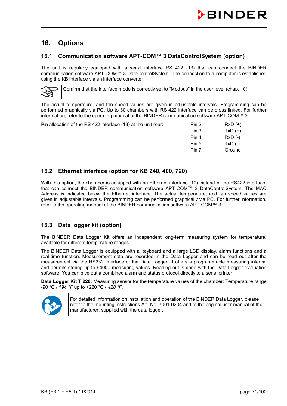 Options, 2 ethernet interface (option for kb 240, 400, 720), 3 data logger kit (option) | BINDER KB 23 User Manual | Page 71 / 101