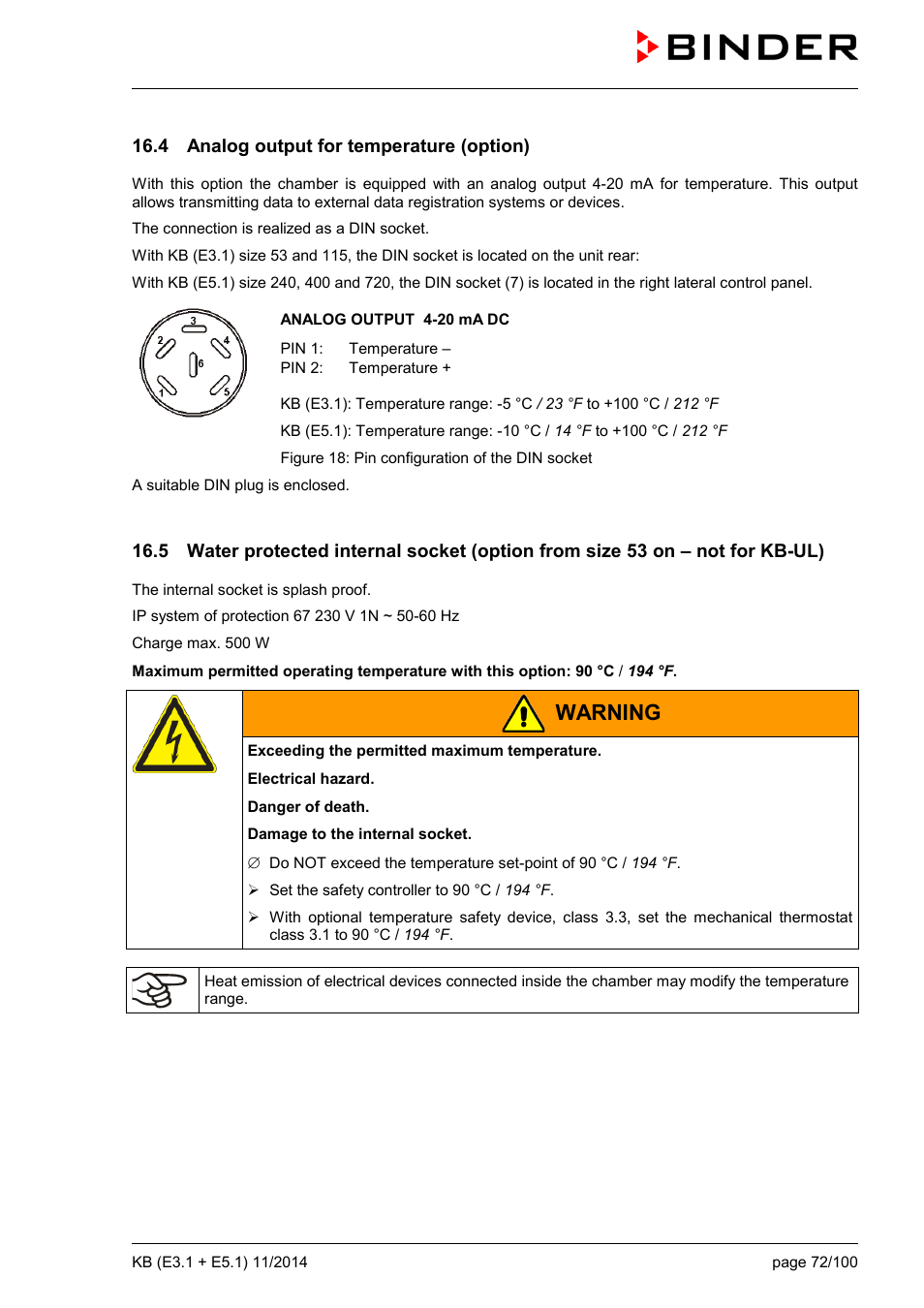 4 analog output for temperature (option), Warning | BINDER KB 23 User Manual | Page 72 / 101