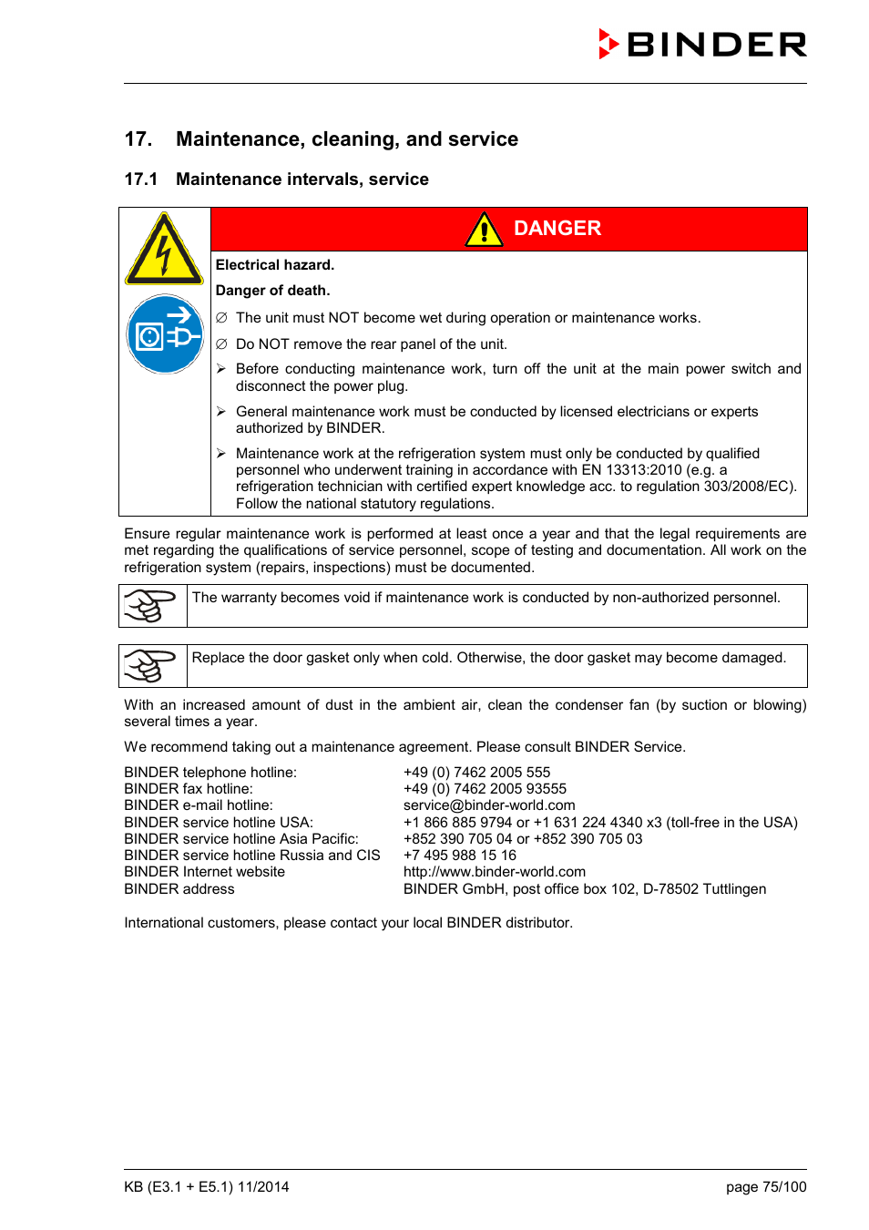 Maintenance, cleaning, and service, 1 maintenance intervals, service, Ole_link7 | Danger | BINDER KB 23 User Manual | Page 75 / 101