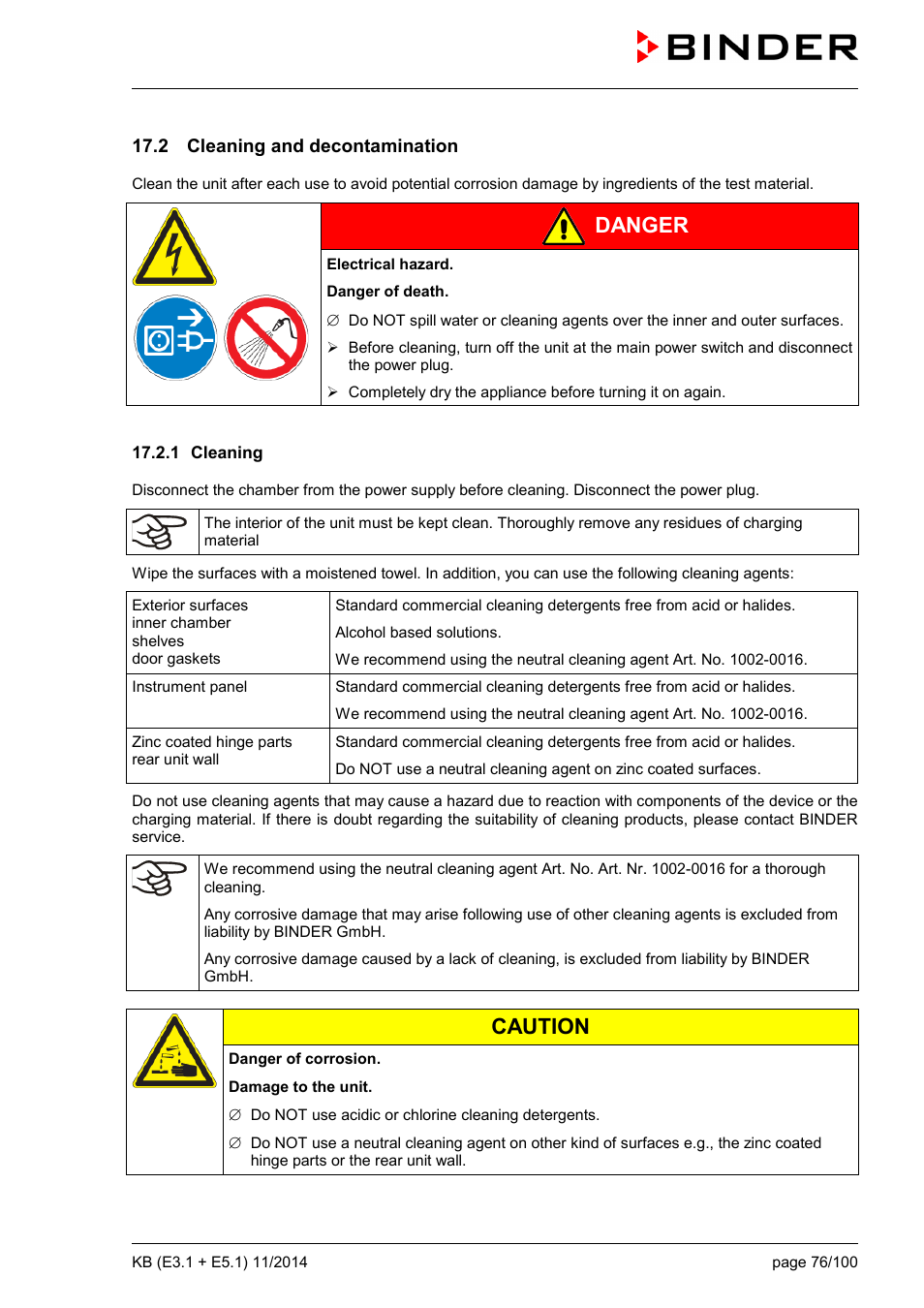 2 cleaning and decontamination, 1 cleaning, Danger | Caution | BINDER KB 23 User Manual | Page 76 / 101