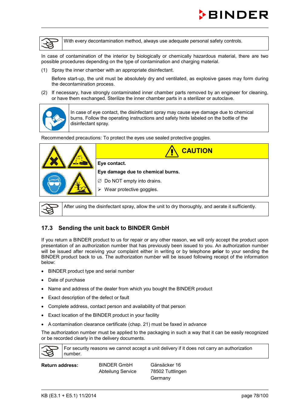 3 sending the unit back to binder gmbh, Caution | BINDER KB 23 User Manual | Page 78 / 101