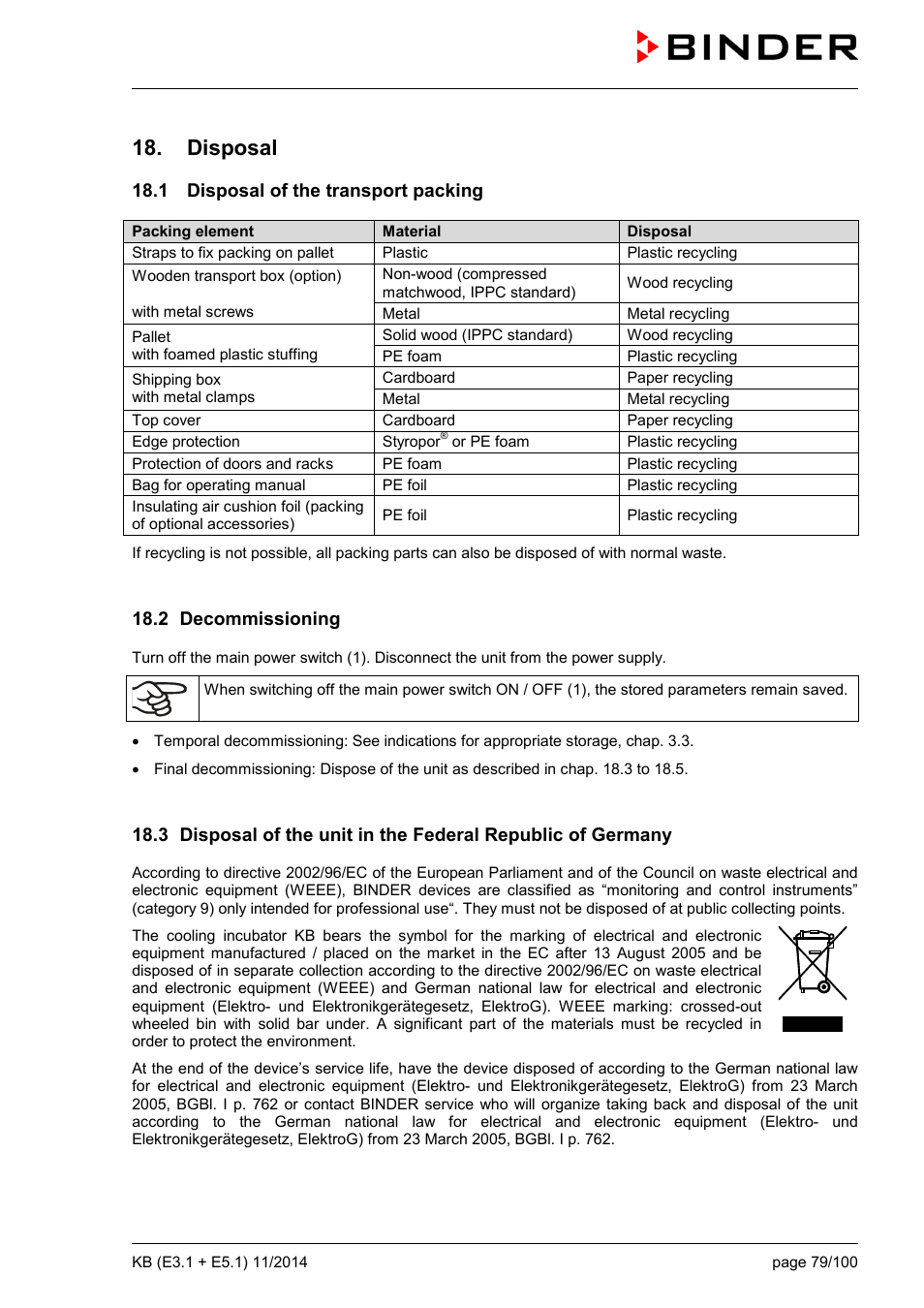 Disposal, 1 disposal of the transport packing, 2 decommissioning | BINDER KB 23 User Manual | Page 79 / 101