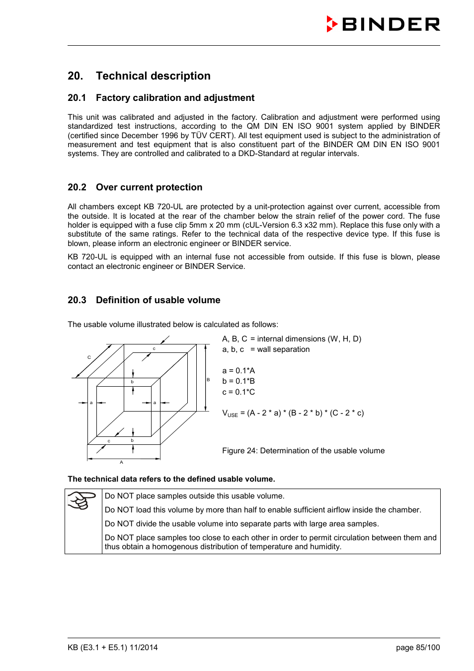 Technical description, 1 factory calibration and adjustment, 2 over current protection | 3 definition of usable volume | BINDER KB 23 User Manual | Page 85 / 101