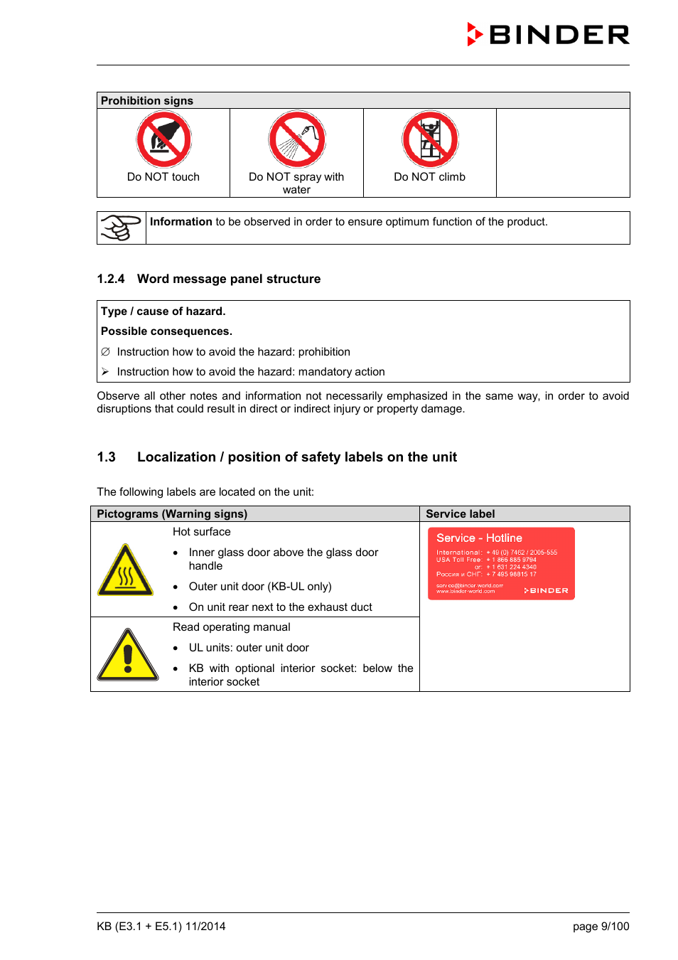 4 word message panel structure | BINDER KB 23 User Manual | Page 9 / 101