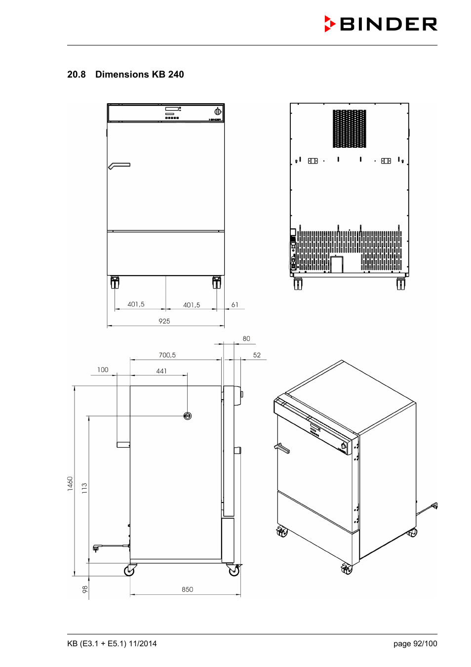 8 dimensions kb 240 | BINDER KB 23 User Manual | Page 92 / 101