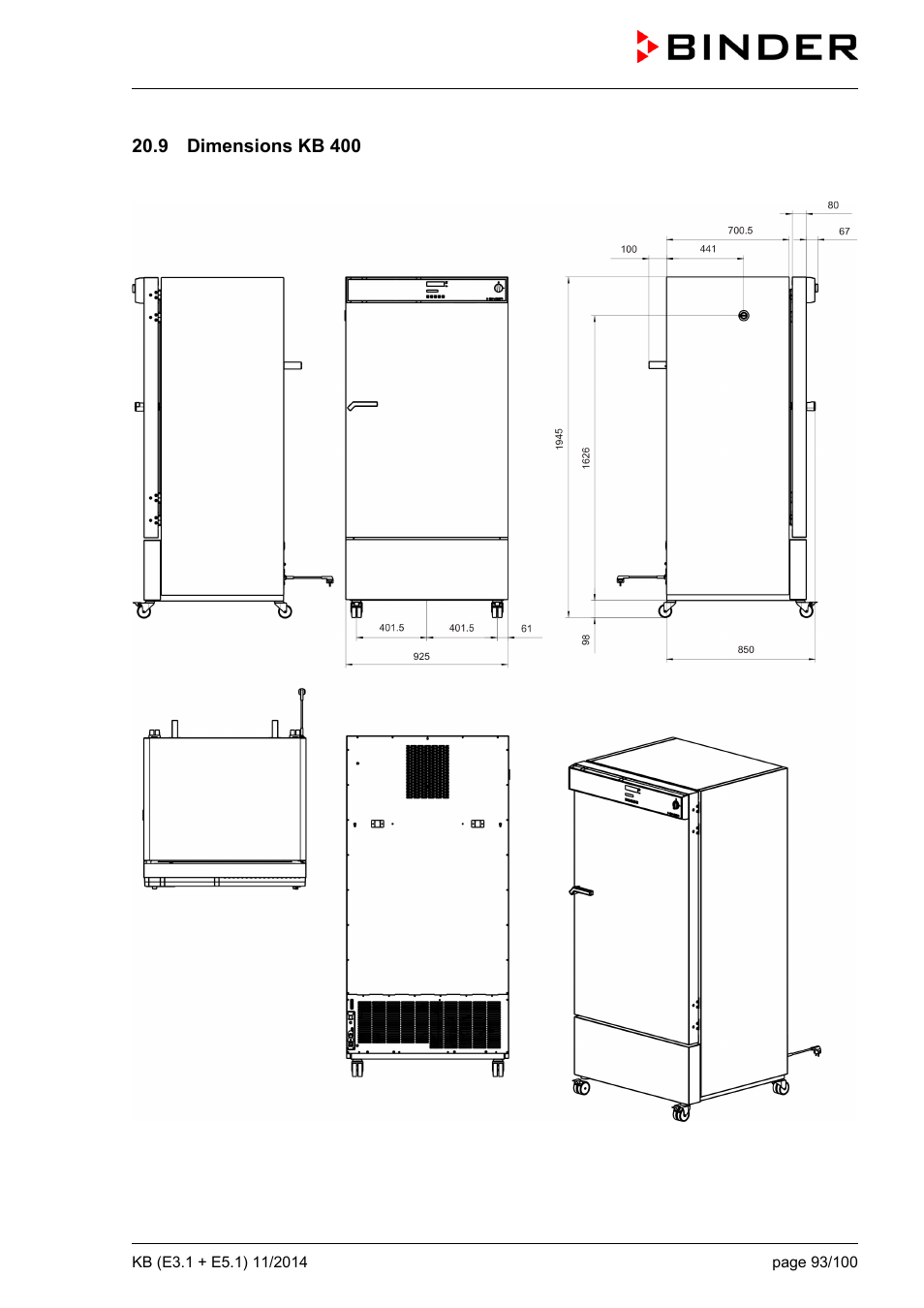 9 dimensions kb 400 | BINDER KB 23 User Manual | Page 93 / 101