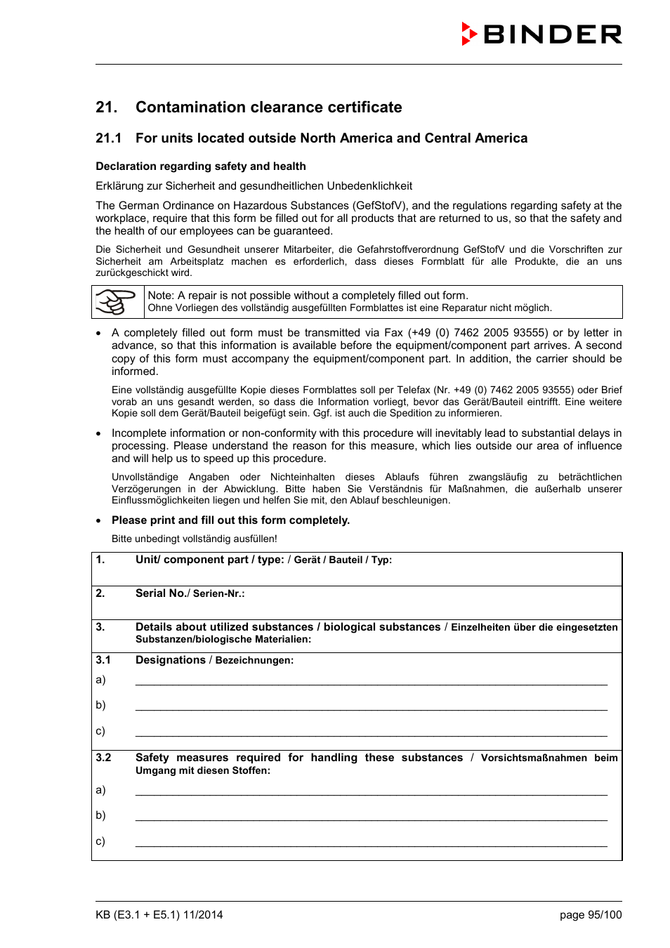 Contamination clearance certificate | BINDER KB 23 User Manual | Page 95 / 101