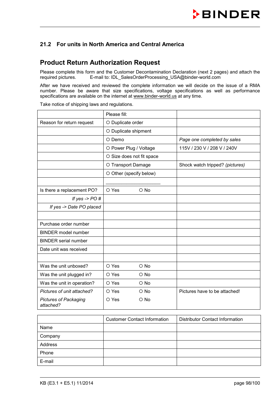 2 for units in north america and central america, Product return authorization request | BINDER KB 23 User Manual | Page 98 / 101