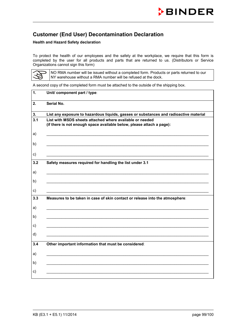 Customer (end user) decontamination declaration | BINDER KB 23 User Manual | Page 99 / 101