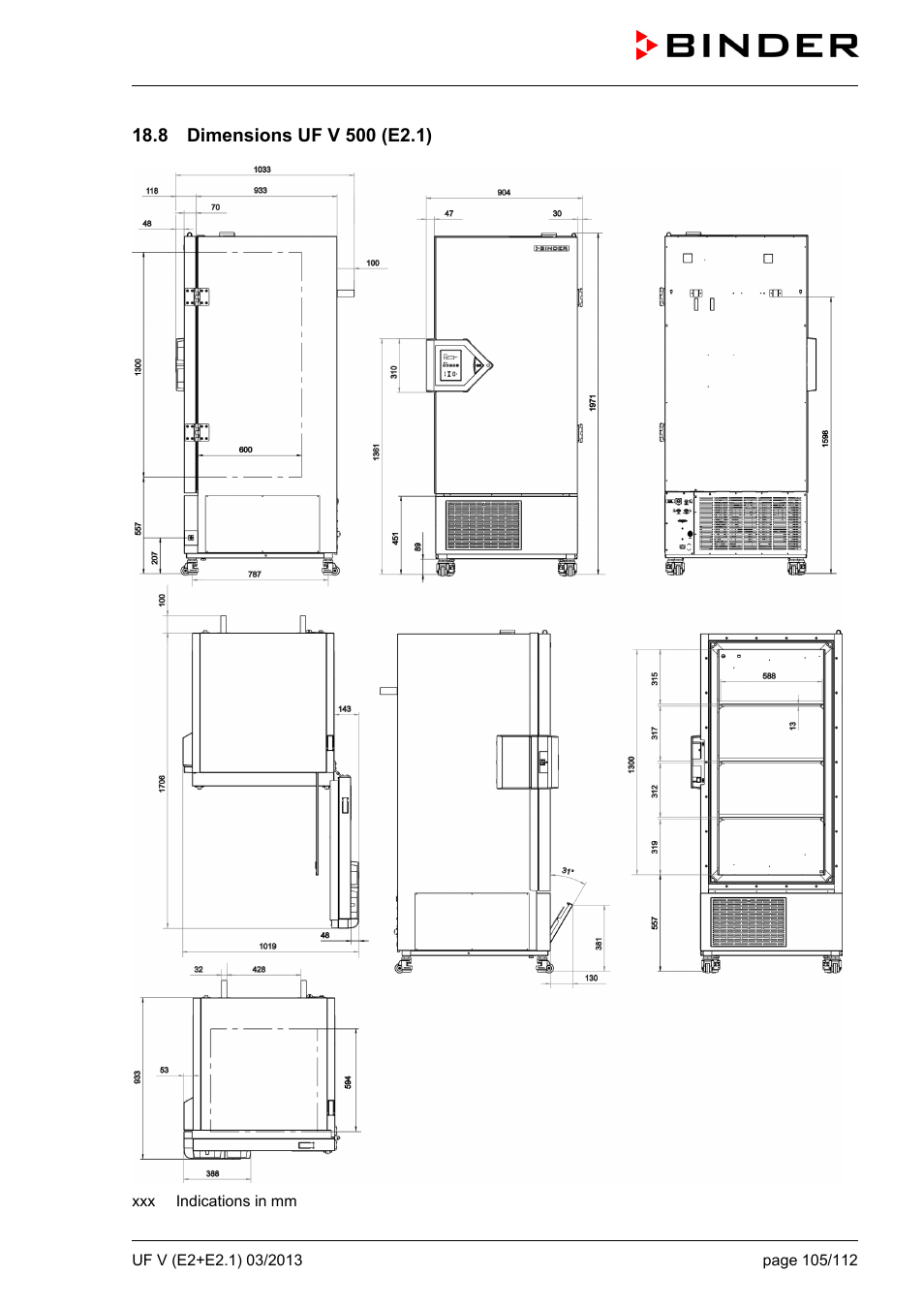 8 dimensions uf v 500 (e2.1) | BINDER UF V 500 User Manual | Page 105 / 113