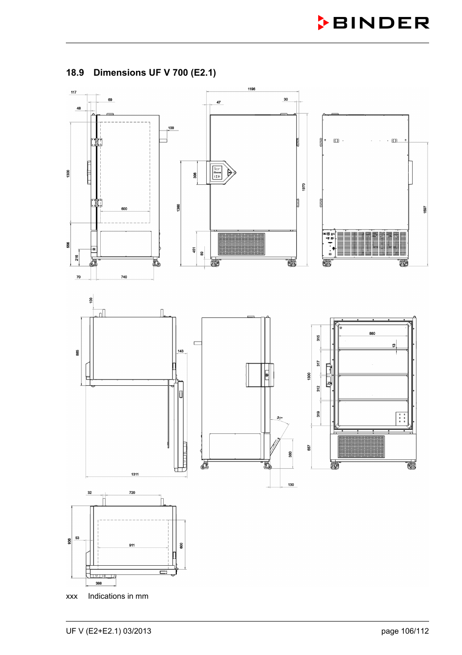 9 dimensions uf v 700 (e2.1) | BINDER UF V 500 User Manual | Page 106 / 113